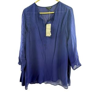 Eileen Fisher Medium Petite 100% Silk Tunic Long‎ Top Sapphire Blue Sheer NWT